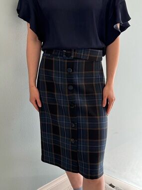 Anthropologie Navy Plaid Button-Front Midi Skirt